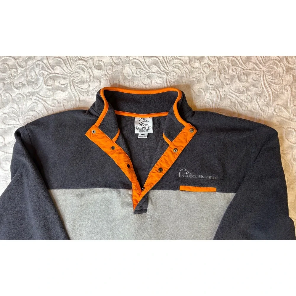 Ducks Unlimited Fleece Pullover Snap Neck‎ Mock Collar Gray with Orange Men XXXL